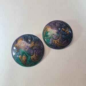 Purple Green & Gold Swirl Resin Statement Earrings, Marbled Design, Bold Jewelry